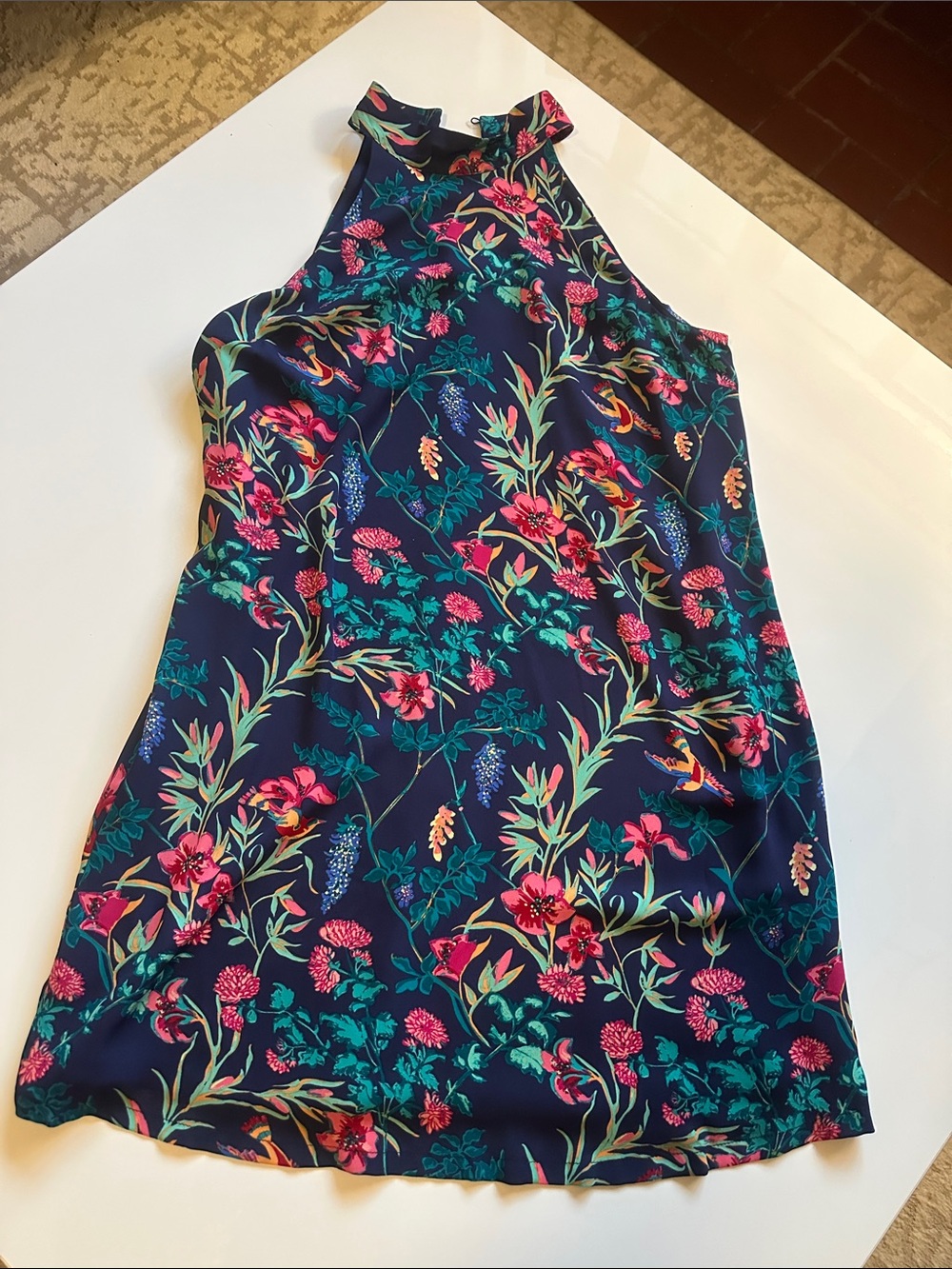 Decree Navy Floral Halter Dress with Green and Pink Accents